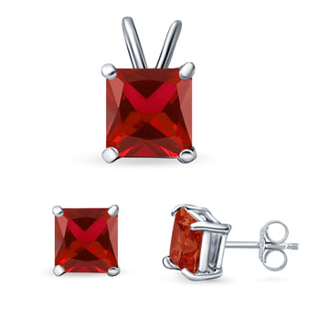 Princess Cut Jewelry Set Pendant Earring Simulated Garnet Cubic Zirconia 925 Sterling Silver